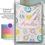 Cute Kawaii Space Rocket Planet Globe Sun Star Cream Seamless  Personalised Custom Name Super Soft Fleece Blanket Bed Sofa Throw