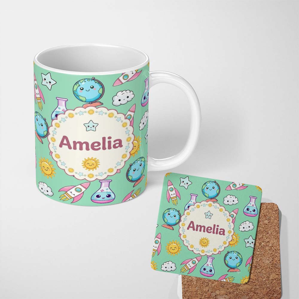 Personalized Custom Name Cute Kawaii Space Rocket Planet Globe Sun Star Green Seamless 11oz Ceramic Coffee Tea Mug White Large Handle