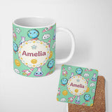 Personalized Custom Name Cute Kawaii Space Rocket Planet Globe Sun Star Green Seamless 11oz Ceramic Coffee Tea Mug White Large Handle