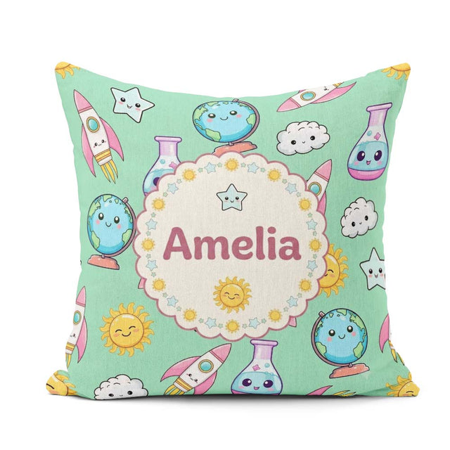 Custom Name Cute Kawaii Space Rocket Planet Globe Sun Star Green Square Filled Cushion Throw Pillow Sofa Bed Home Decor Zip Washable UK Made