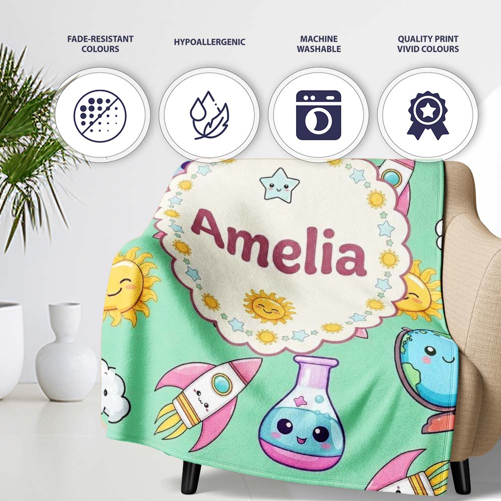 Cute Kawaii Space Rocket Planet Globe Sun Star Green Seamless  Personalised Custom Name Super Soft Fleece Blanket Bed Sofa Throw