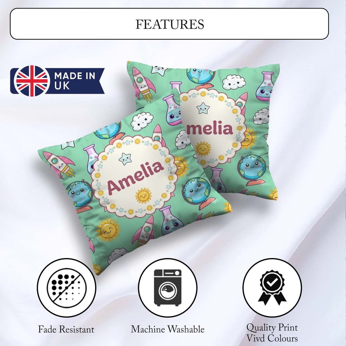 Custom Name Cute Kawaii Space Rocket Planet Globe Sun Star Green Square Filled Cushion Throw Pillow Sofa Bed Home Decor Zip Washable UK Made