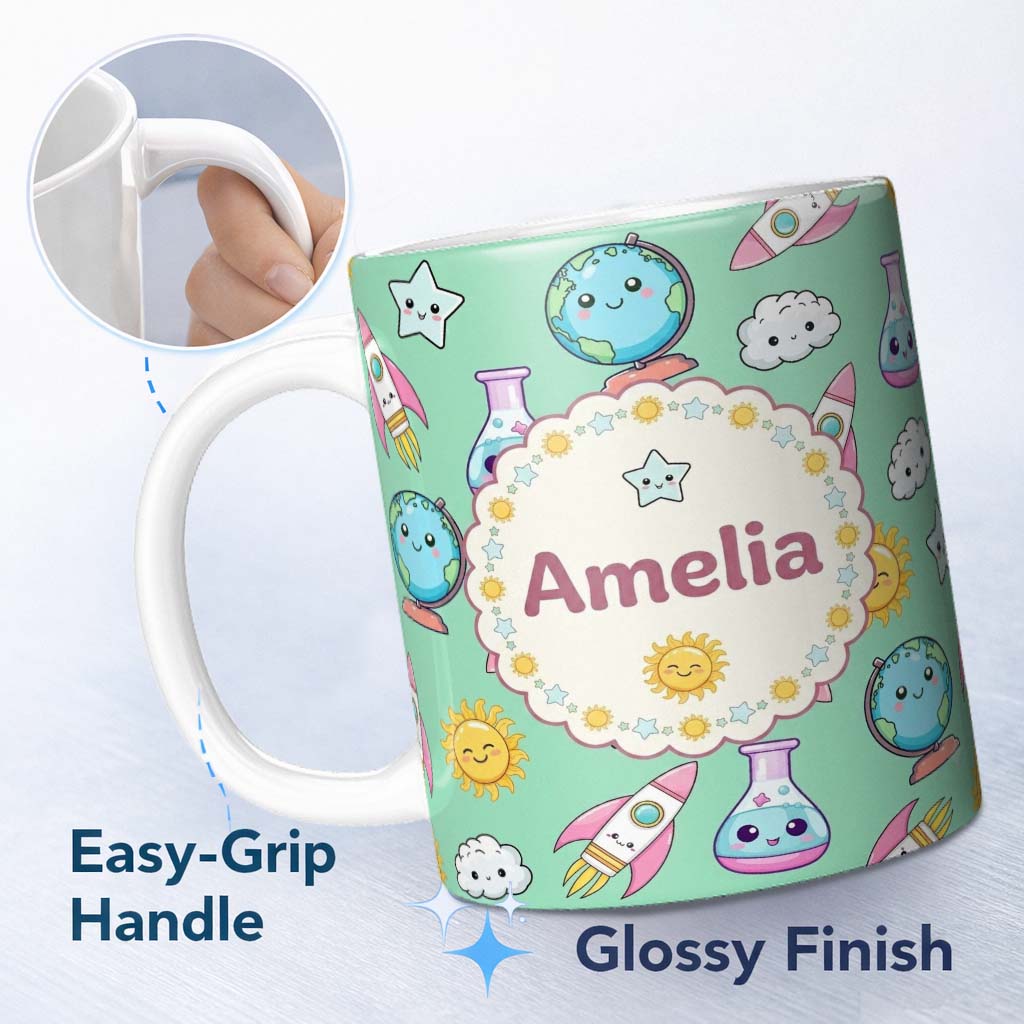 Personalized Custom Name Cute Kawaii Space Rocket Planet Globe Sun Star Green Seamless 11oz Ceramic Coffee Tea Mug White Large Handle