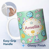 Personalized Custom Name Cute Kawaii Space Rocket Planet Globe Sun Star Green Seamless 11oz Ceramic Coffee Tea Mug White Large Handle