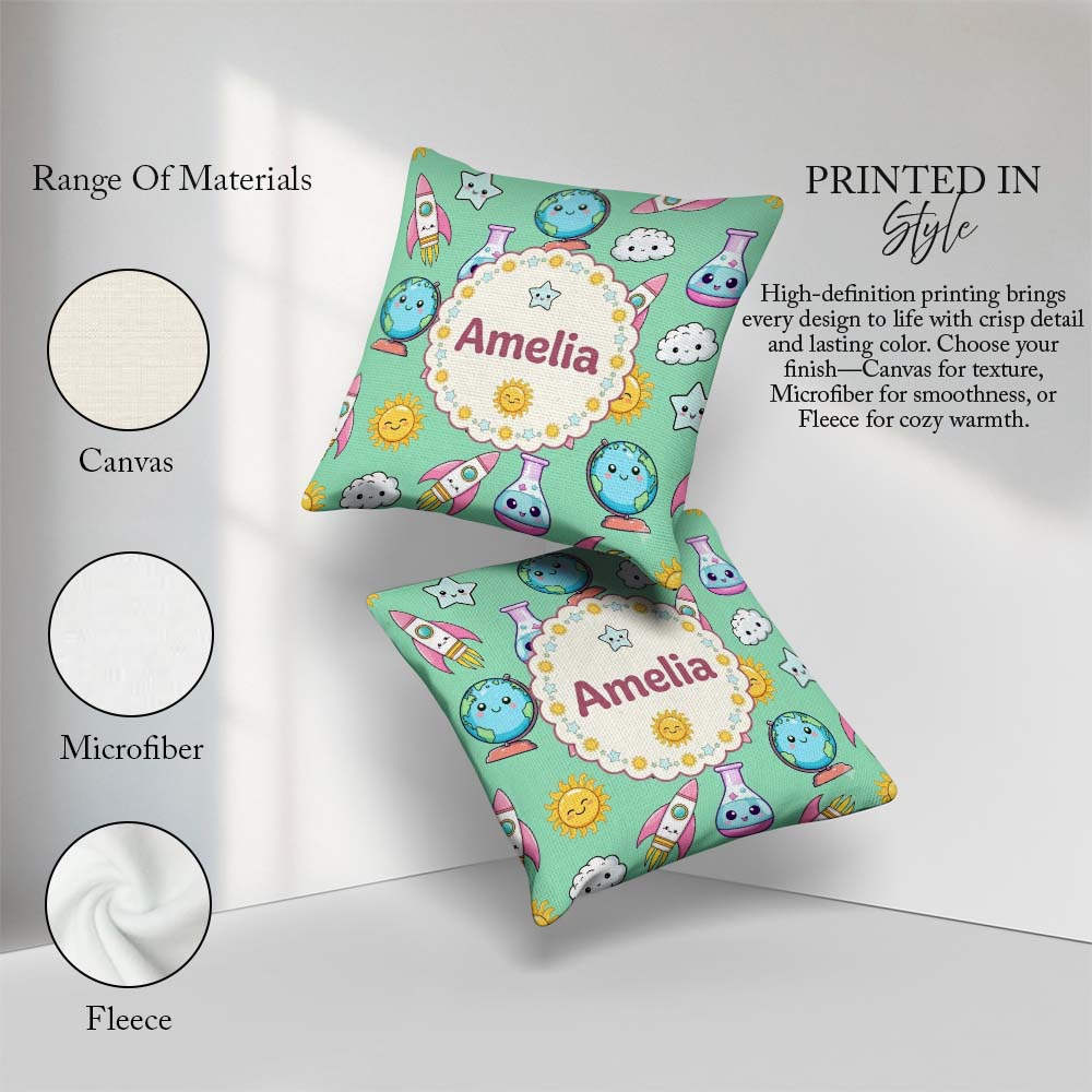 Custom Name Cute Kawaii Space Rocket Planet Globe Sun Star Green Square Filled Cushion Throw Pillow Sofa Bed Home Decor Zip Washable UK Made