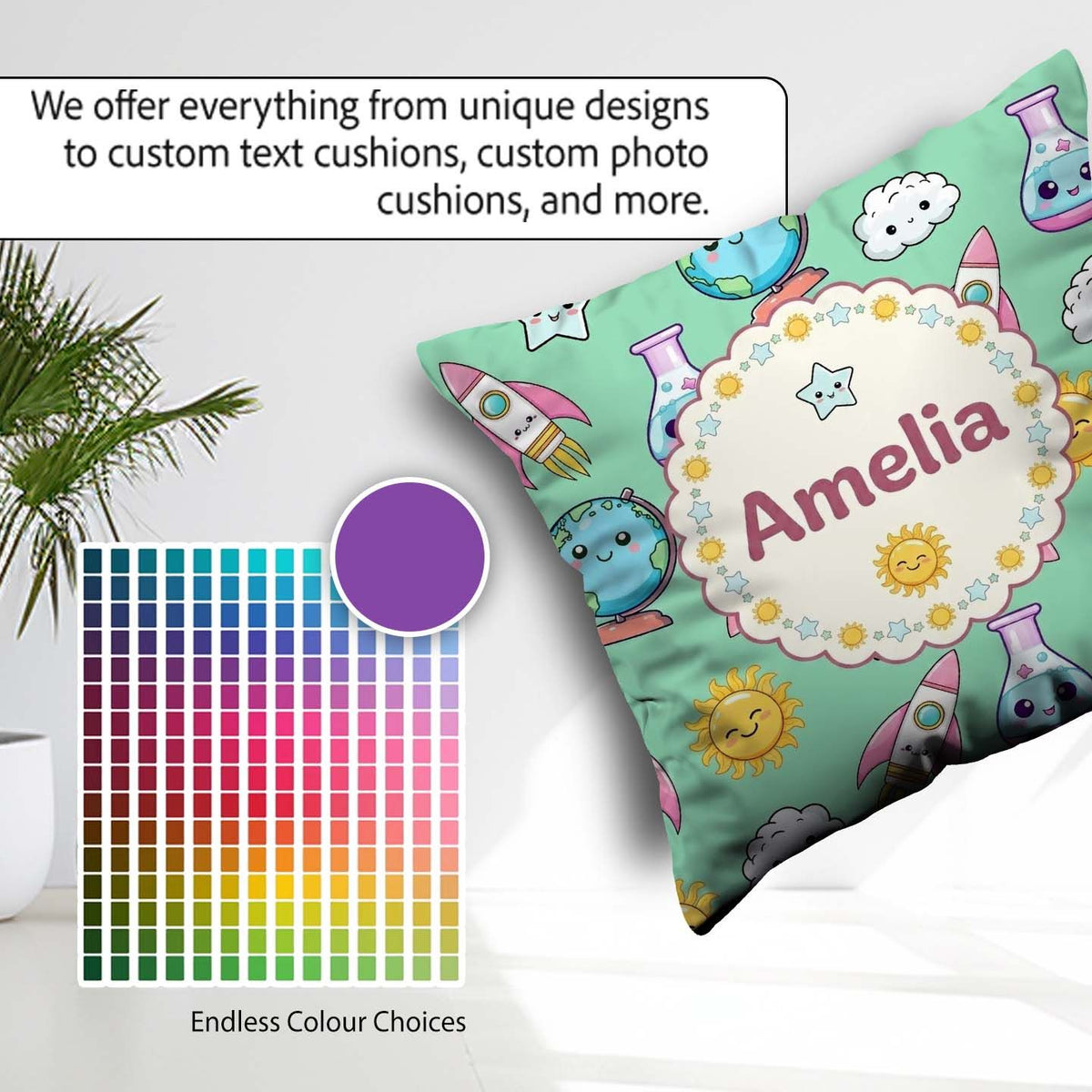 Custom Name Cute Kawaii Space Rocket Planet Globe Sun Star Green Square Filled Cushion Throw Pillow Sofa Bed Home Decor Zip Washable UK Made