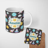 Personalized Custom Name Cute Kawaii Space Rocket Planet Globe Sun Star Dark Seamless 11oz Ceramic Coffee Tea Mug White Large Handle