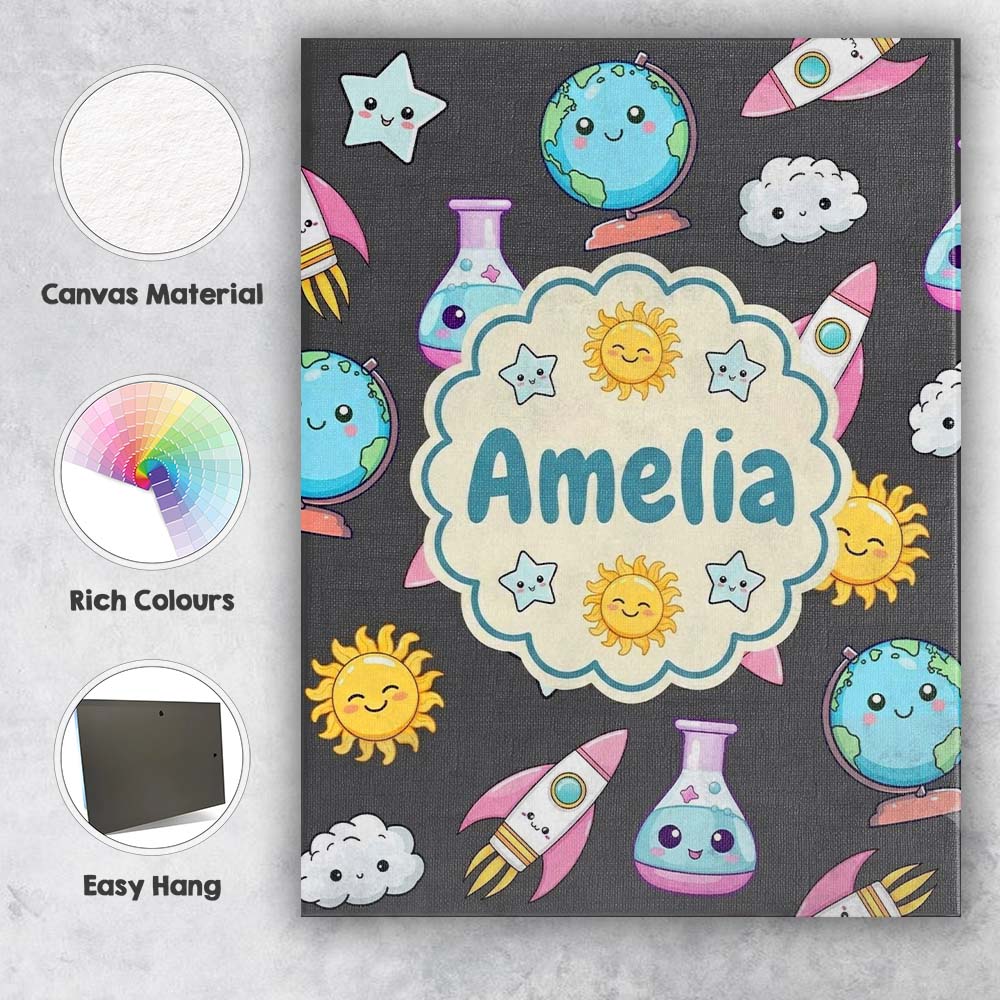 Personalised Name Cute Kawaii Space Rocket Custom  Unique Gift Idea Elegant Feature Canvas Wall Art Print Decor Picture Ready to Hang
