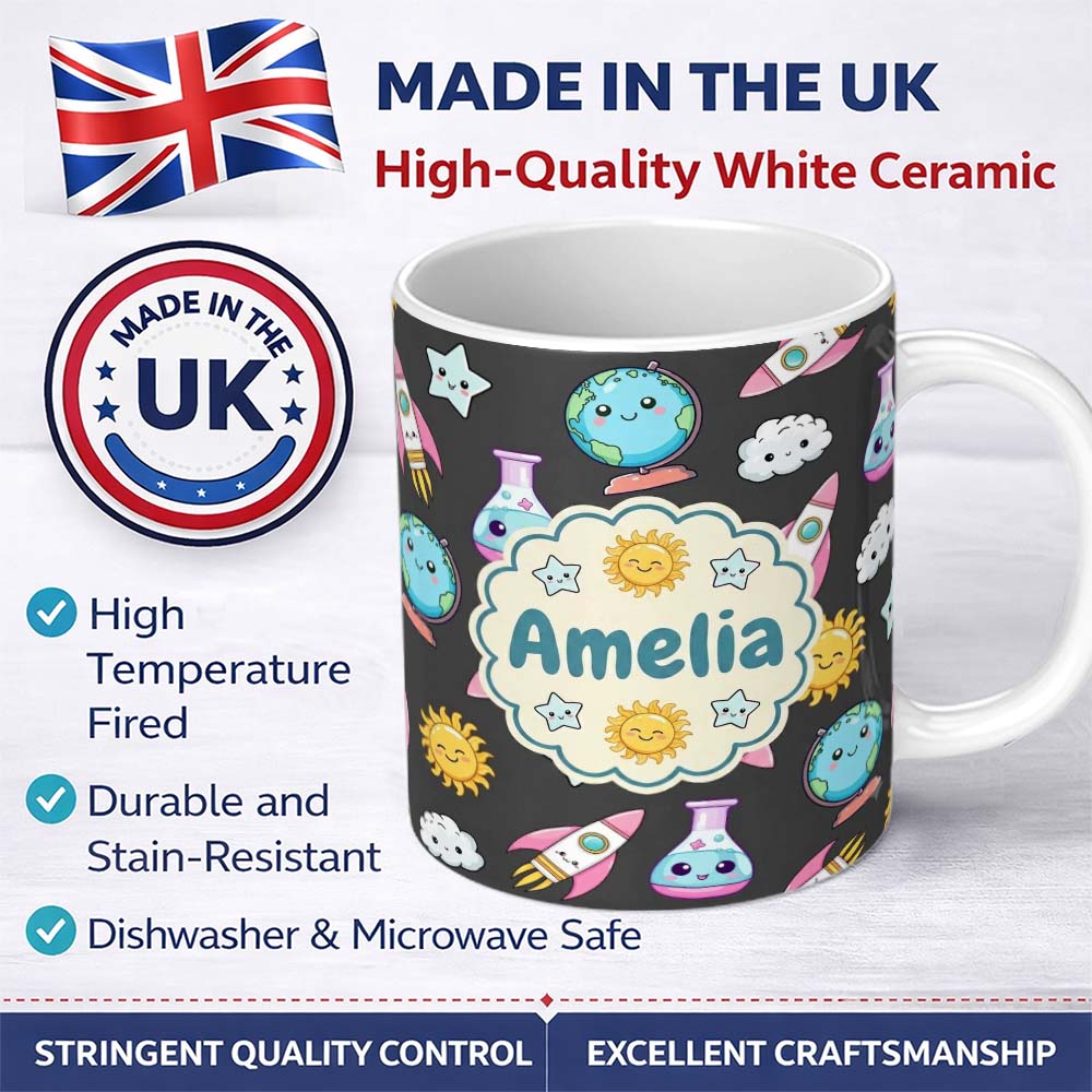 Personalized Custom Name Cute Kawaii Space Rocket Planet Globe Sun Star Dark Seamless 11oz Ceramic Coffee Tea Mug White Large Handle