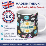 Personalized Custom Name Cute Kawaii Space Rocket Planet Globe Sun Star Dark Seamless 11oz Ceramic Coffee Tea Mug White Large Handle