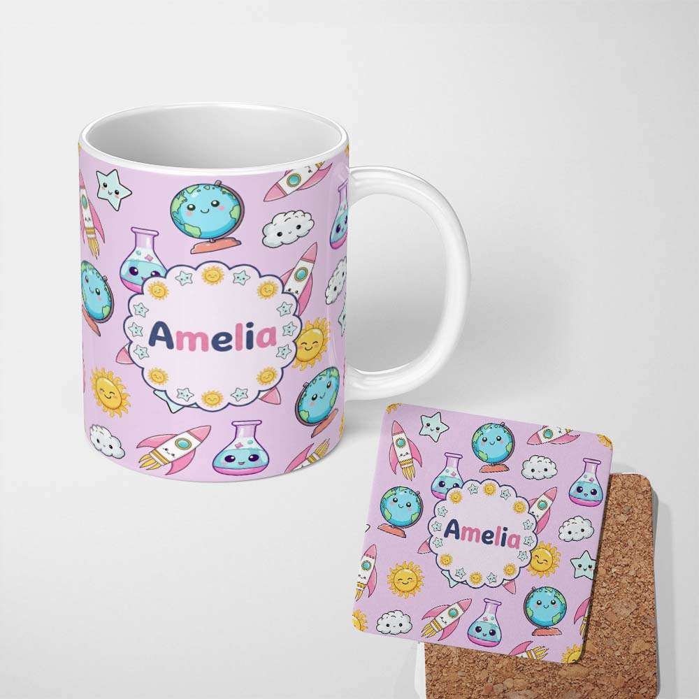 Personalized Custom Name Cute Kawaii Space Rocket Planet Globe Sun Star Purple Seamless 11oz Ceramic Coffee Tea Mug White Large Handle