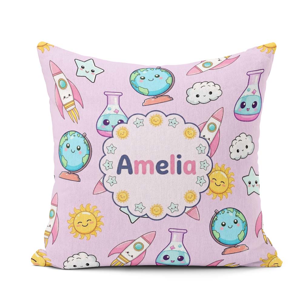 Custom Name Kawaii Space Rocket Planet Globe Sun Purple Seamless Square Filled Cushion Throw Pillow Sofa Bed Home Decor Zip Washable UK Made