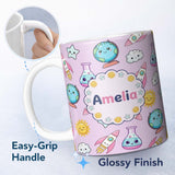 Personalized Custom Name Cute Kawaii Space Rocket Planet Globe Sun Star Purple Seamless 11oz Ceramic Coffee Tea Mug White Large Handle