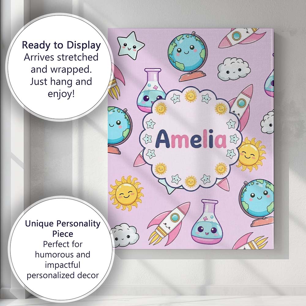 Personalised Name Cute Kawaii Space Rocket Custom  Unique Gift Idea Elegant Feature Canvas Wall Art Print Decor Picture Ready to Hang