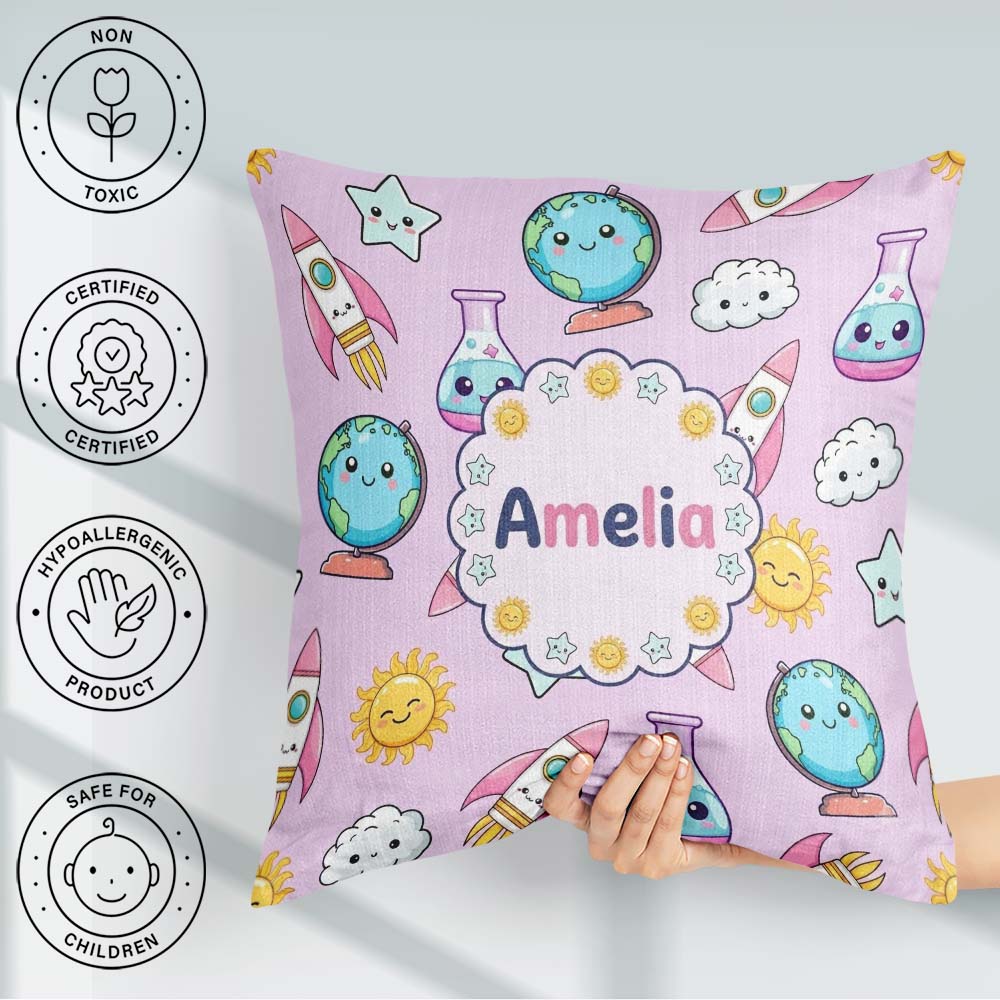 Custom Name Kawaii Space Rocket Planet Globe Sun Purple Seamless Square Filled Cushion Throw Pillow Sofa Bed Home Decor Zip Washable UK Made