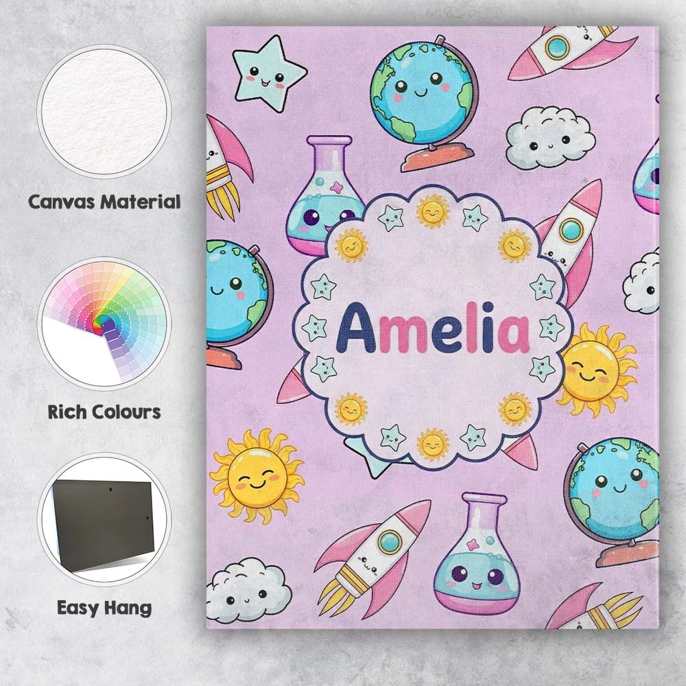 Personalised Name Cute Kawaii Space Rocket Custom  Unique Gift Idea Elegant Feature Canvas Wall Art Print Decor Picture Ready to Hang