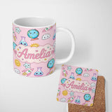Personalized Custom Name Cute Kawaii Space Rockets Planets Globes Suns Stars Seamless 11oz Ceramic Coffee Tea Mug White Large Handle