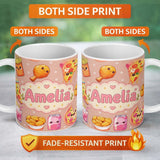Personalized Custom Name Cute Kawaii Fast Food Pizza Chicken Soda Peach Background Seamless 11oz Ceramic Coffee Tea Mug White Large Handle