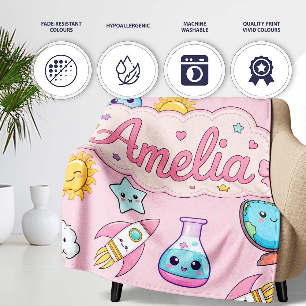 Cute Kawaii Space Rockets Planets Globes Suns Stars Seamless  Personalised Custom Name Super Soft Fleece Blanket Bed Sofa Throw