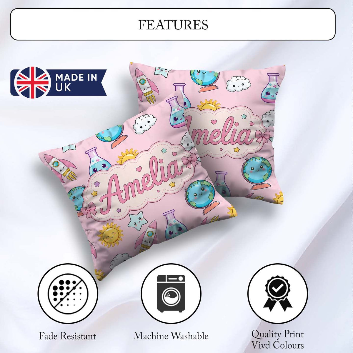 Custom Name Cute Kawaii Space Rockets Globes Suns Stars Seamless Square Filled Cushion Throw Pillow Sofa Bed Home Decor Zip Washable UK Made