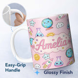 Personalized Custom Name Cute Kawaii Space Rockets Planets Globes Suns Stars Seamless 11oz Ceramic Coffee Tea Mug White Large Handle