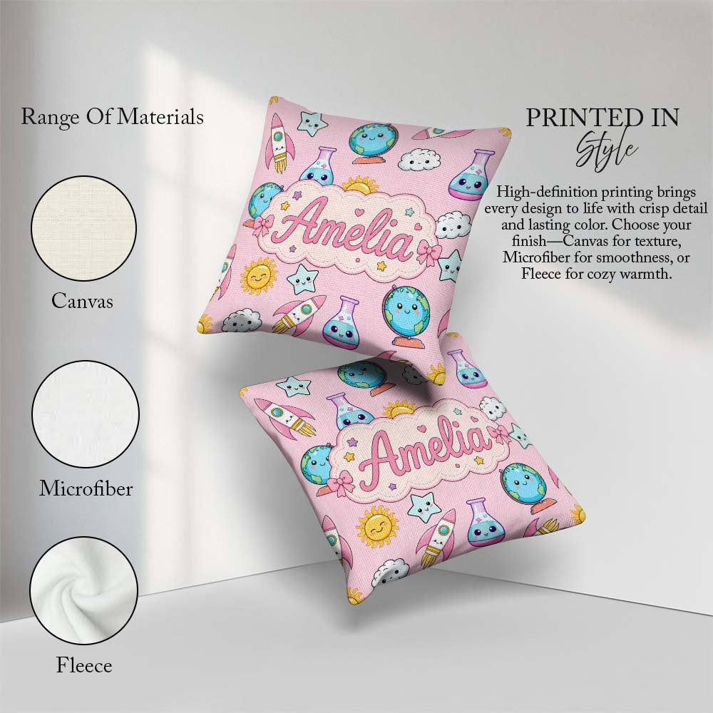 Custom Name Cute Kawaii Space Rockets Globes Suns Stars Seamless Square Filled Cushion Throw Pillow Sofa Bed Home Decor Zip Washable UK Made