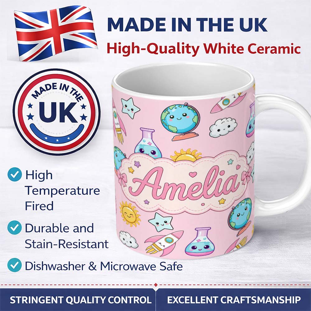 Personalized Custom Name Cute Kawaii Space Rockets Planets Globes Suns Stars Seamless 11oz Ceramic Coffee Tea Mug White Large Handle