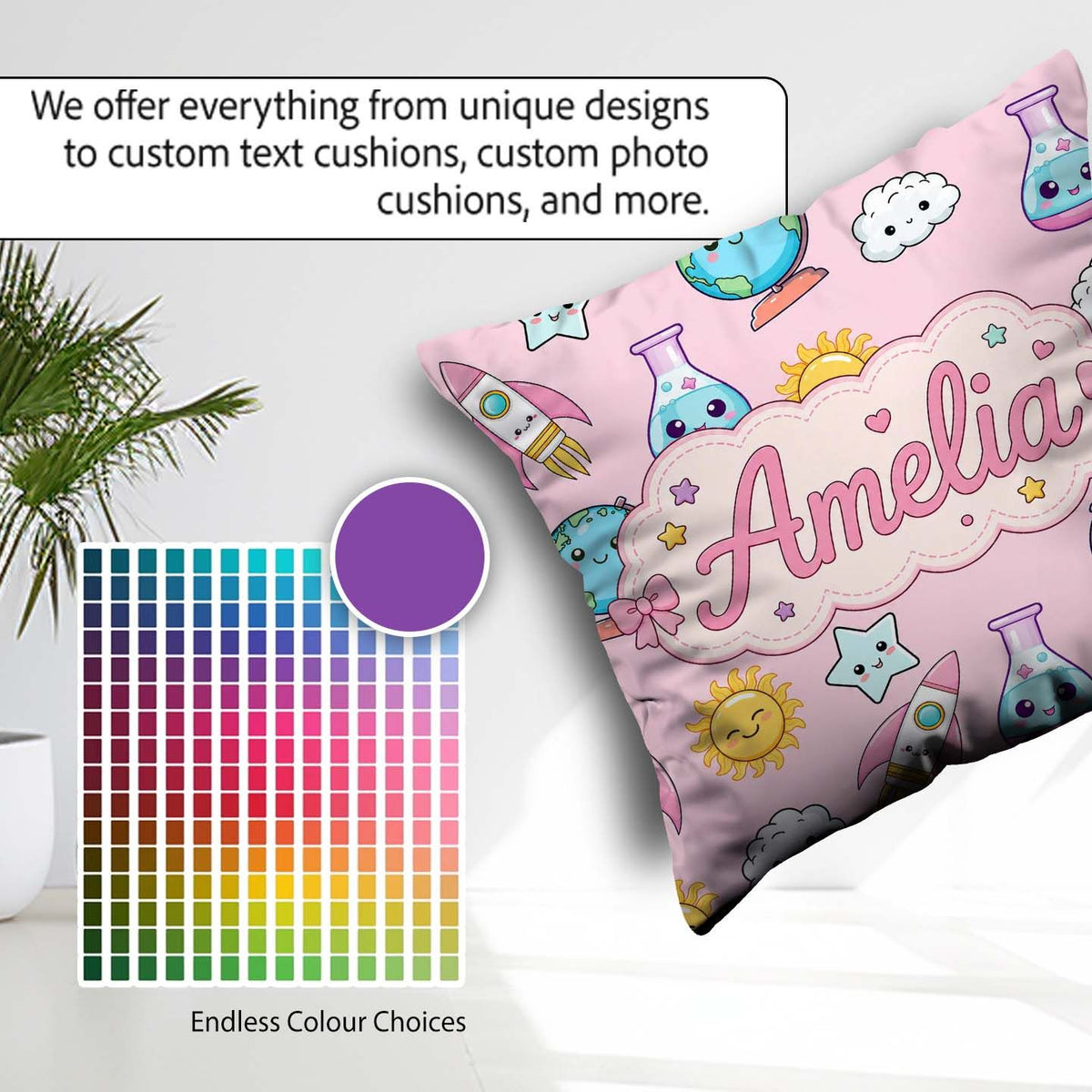 Custom Name Cute Kawaii Space Rockets Globes Suns Stars Seamless Square Filled Cushion Throw Pillow Sofa Bed Home Decor Zip Washable UK Made