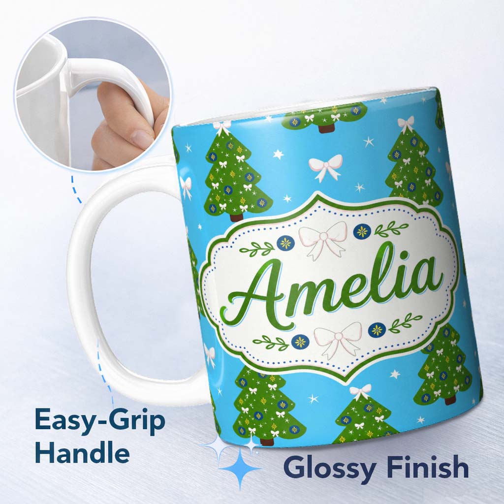 Personalized Custom Name Festive Christmas Trees with White Bows and Stars on Blue Background 11oz Ceramic Coffee Tea Mug White Large Handle