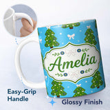 Personalized Custom Name Festive Christmas Trees with White Bows and Stars on Blue Background 11oz Ceramic Coffee Tea Mug White Large Handle
