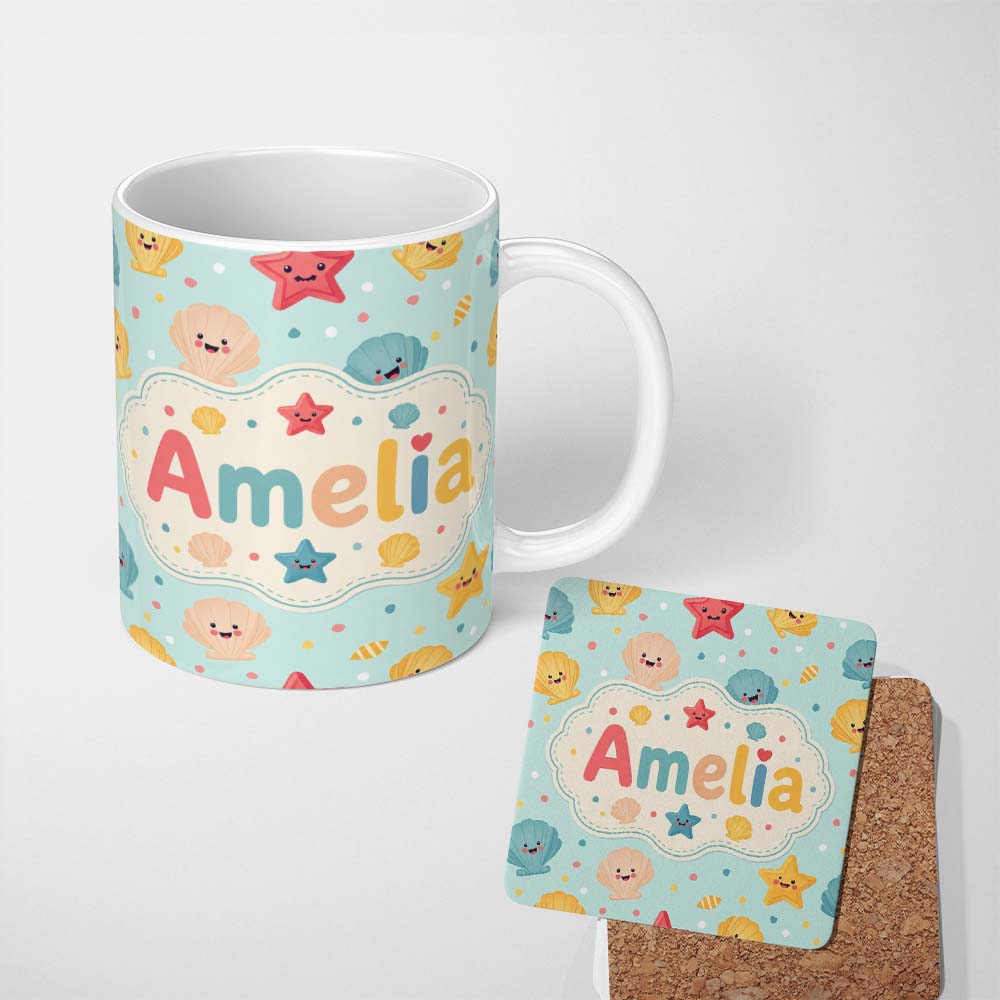 Personalized Custom Name Cute Kawaii Seashells Starfish Pastel Ocean Confetti Seamless Lovely 11oz Ceramic Coffee Tea Mug White Large Handle