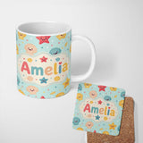 Personalized Custom Name Cute Kawaii Seashells Starfish Pastel Ocean Confetti Seamless Lovely 11oz Ceramic Coffee Tea Mug White Large Handle