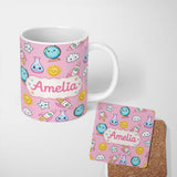 Personalized Custom Name Cute Kawaii Space Rockets Planets Globes Suns Stars Pink Seamless 11oz Ceramic Coffee Tea Mug White Large Handle