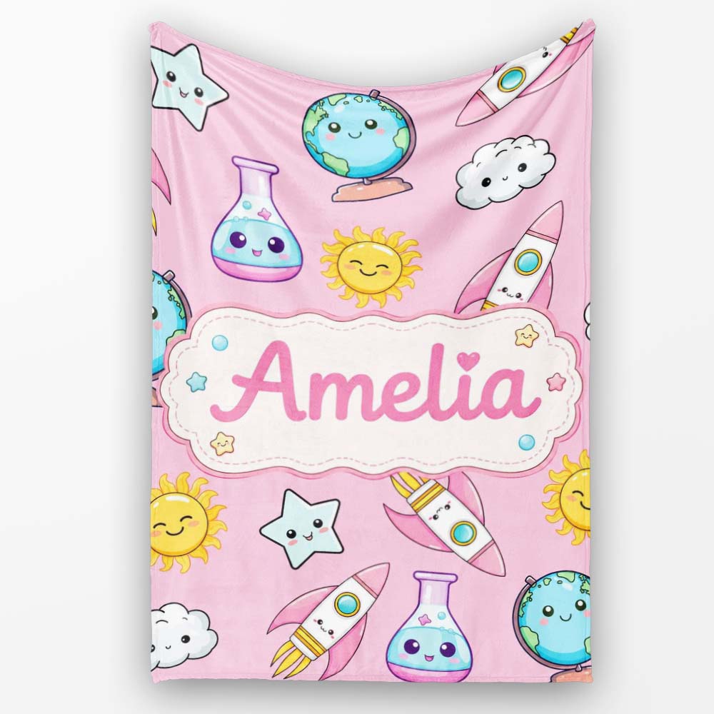 Cute Kawaii Space Rockets Planets Globes Suns Stars Pink Seamless  Personalised Custom Name Super Soft Fleece Blanket Bed Sofa Throw