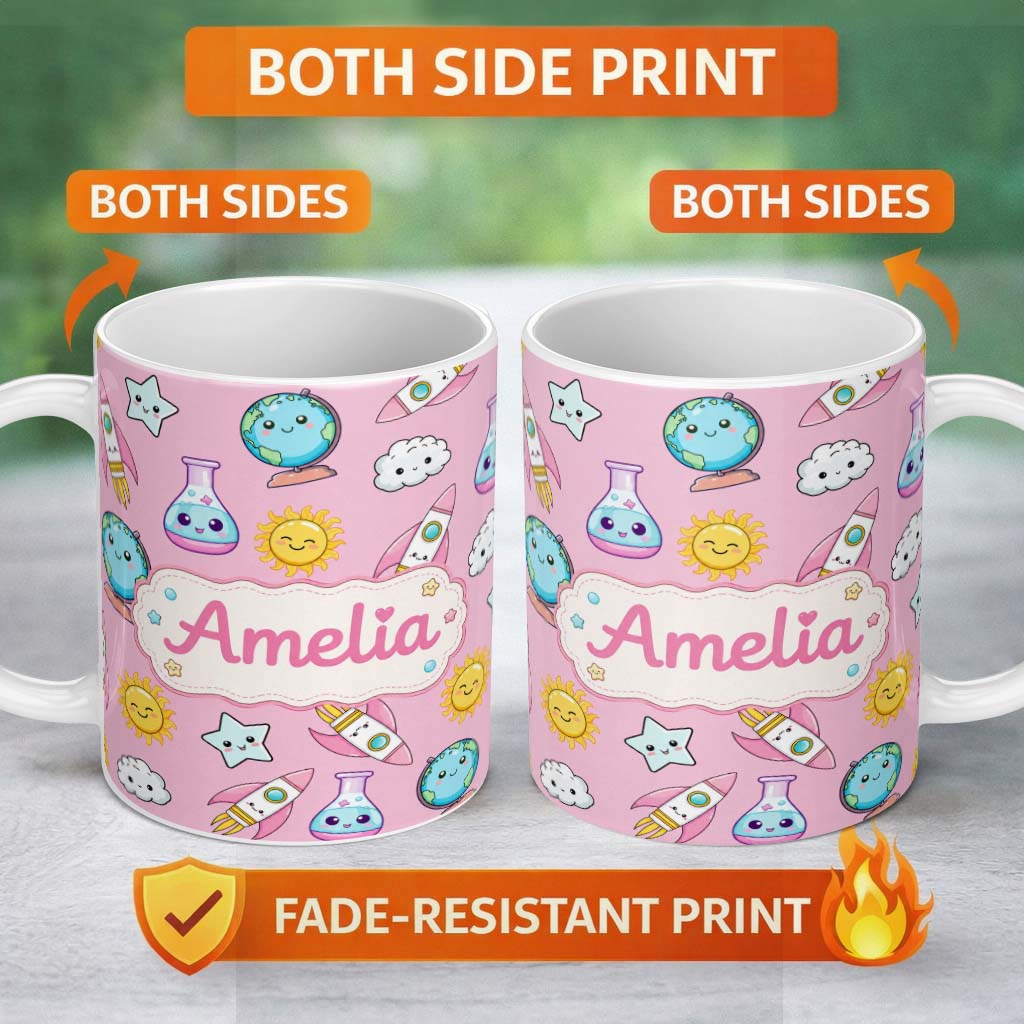 Personalized Custom Name Cute Kawaii Space Rockets Planets Globes Suns Stars Pink Seamless 11oz Ceramic Coffee Tea Mug White Large Handle