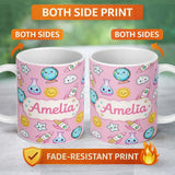 Personalized Custom Name Cute Kawaii Space Rockets Planets Globes Suns Stars Pink Seamless 11oz Ceramic Coffee Tea Mug White Large Handle