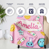 Cute Kawaii Space Rockets Planets Globes Suns Stars Pink Seamless  Personalised Custom Name Super Soft Fleece Blanket Bed Sofa Throw