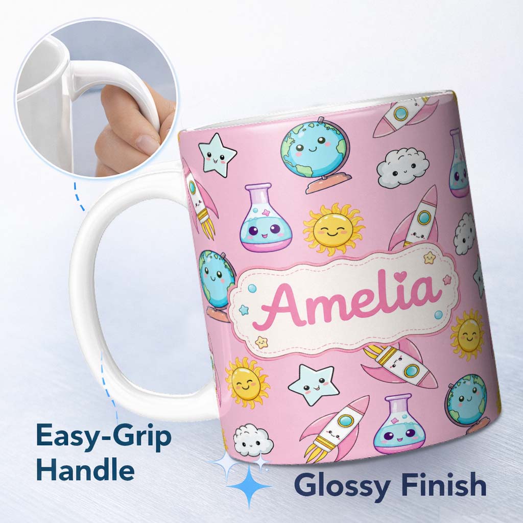 Personalized Custom Name Cute Kawaii Space Rockets Planets Globes Suns Stars Pink Seamless 11oz Ceramic Coffee Tea Mug White Large Handle