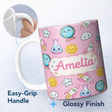 Personalized Custom Name Cute Kawaii Space Rockets Planets Globes Suns Stars Pink Seamless 11oz Ceramic Coffee Tea Mug White Large Handle