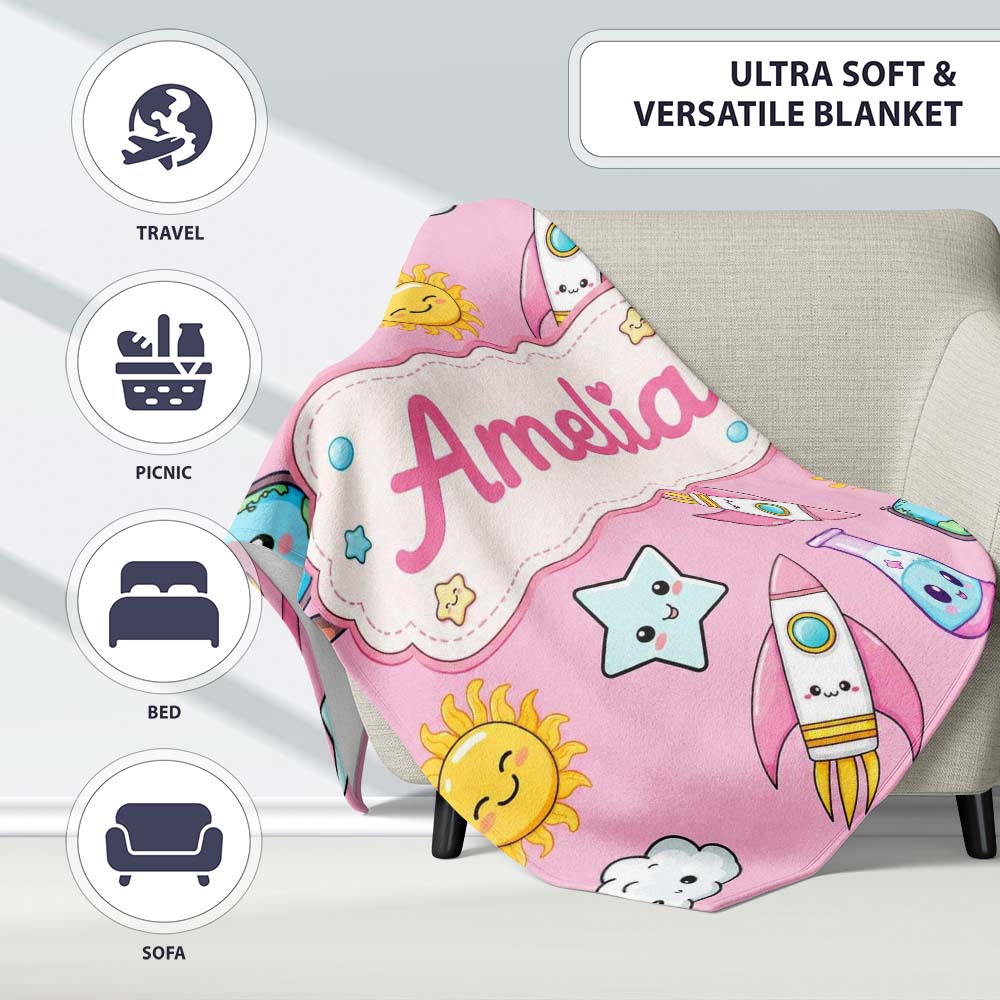 Cute Kawaii Space Rockets Planets Globes Suns Stars Pink Seamless  Personalised Custom Name Super Soft Fleece Blanket Bed Sofa Throw