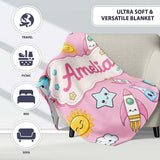 Cute Kawaii Space Rockets Planets Globes Suns Stars Pink Seamless  Personalised Custom Name Super Soft Fleece Blanket Bed Sofa Throw