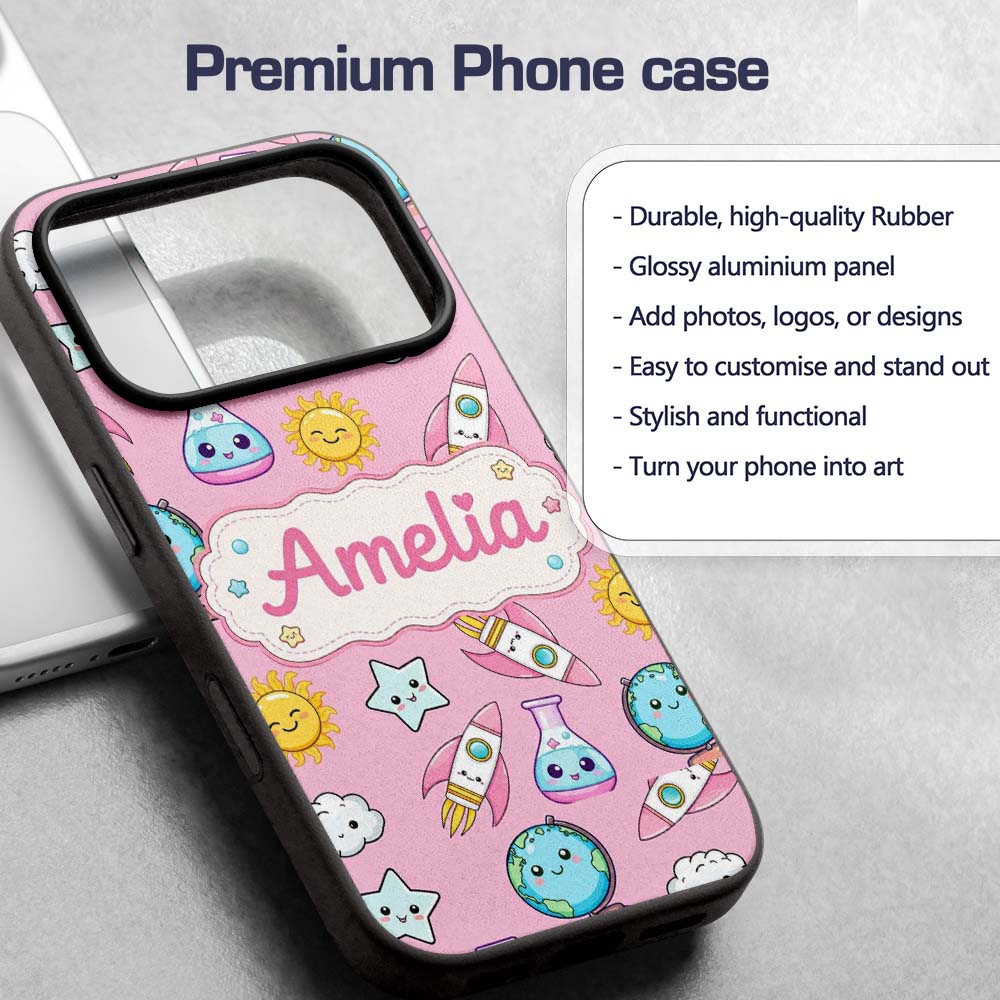 Cute Kawaii Space Rockets Planets Globes Suns Custom Name Protective Phone Case Mobile Cover Durable Everyday Smartphone Shock Resistant