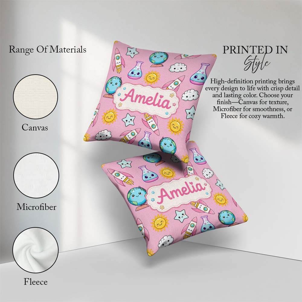 Custom Name Kawaii Space Rockets Globes Suns Stars Pink Seamless Square Filled Cushion Throw Pillow Sofa Bed Home Decor Zip Washable UK Made