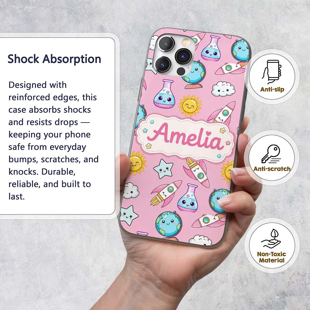 Cute Kawaii Space Rockets Planets Globes Suns Custom Name Protective Phone Case Mobile Cover Durable Everyday Smartphone Shock Resistant