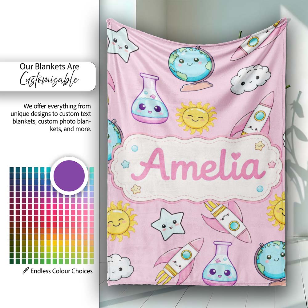 Cute Kawaii Space Rockets Planets Globes Suns Stars Pink Seamless  Personalised Custom Name Super Soft Fleece Blanket Bed Sofa Throw