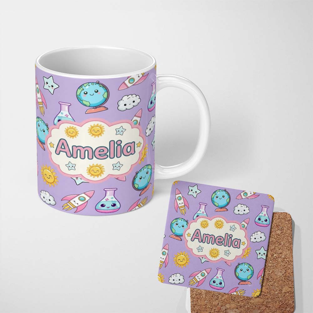 Personalized Custom Name Cute Kawaii Space Rockets Planets Globes Suns Stars Purple Seamless 11oz Ceramic Coffee Tea Mug White Large Handle