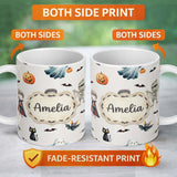 Personalized Custom Name Halloween Zombie Mummy Vampire and Bat Characters Light Grey Lovely 11oz Ceramic Coffee Tea Mug White Large Handle