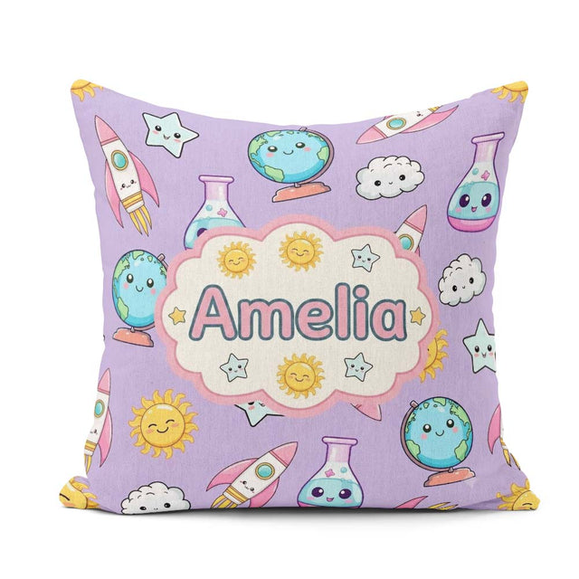 Custom Name Cute Kawaii Space Rockets Planets Globes Suns Purple Square Filled Cushion Throw Pillow Sofa Bed Home Decor Zip Washable UK Made