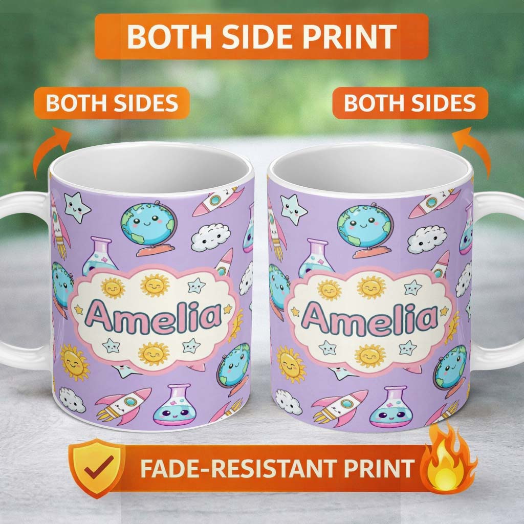 Personalized Custom Name Cute Kawaii Space Rockets Planets Globes Suns Stars Purple Seamless 11oz Ceramic Coffee Tea Mug White Large Handle