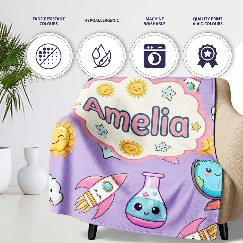 Cute Kawaii Space Rockets Planets Globes Suns Stars Purple Seamless  Personalised Custom Name Super Soft Fleece Blanket Bed Sofa Throw
